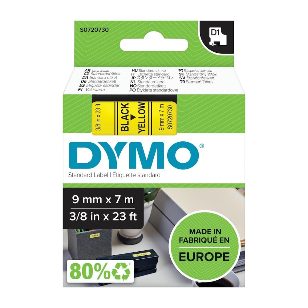 Dymo D1 Label - Black on Yellow - 9mm x 7m - S0720730 / SD40918