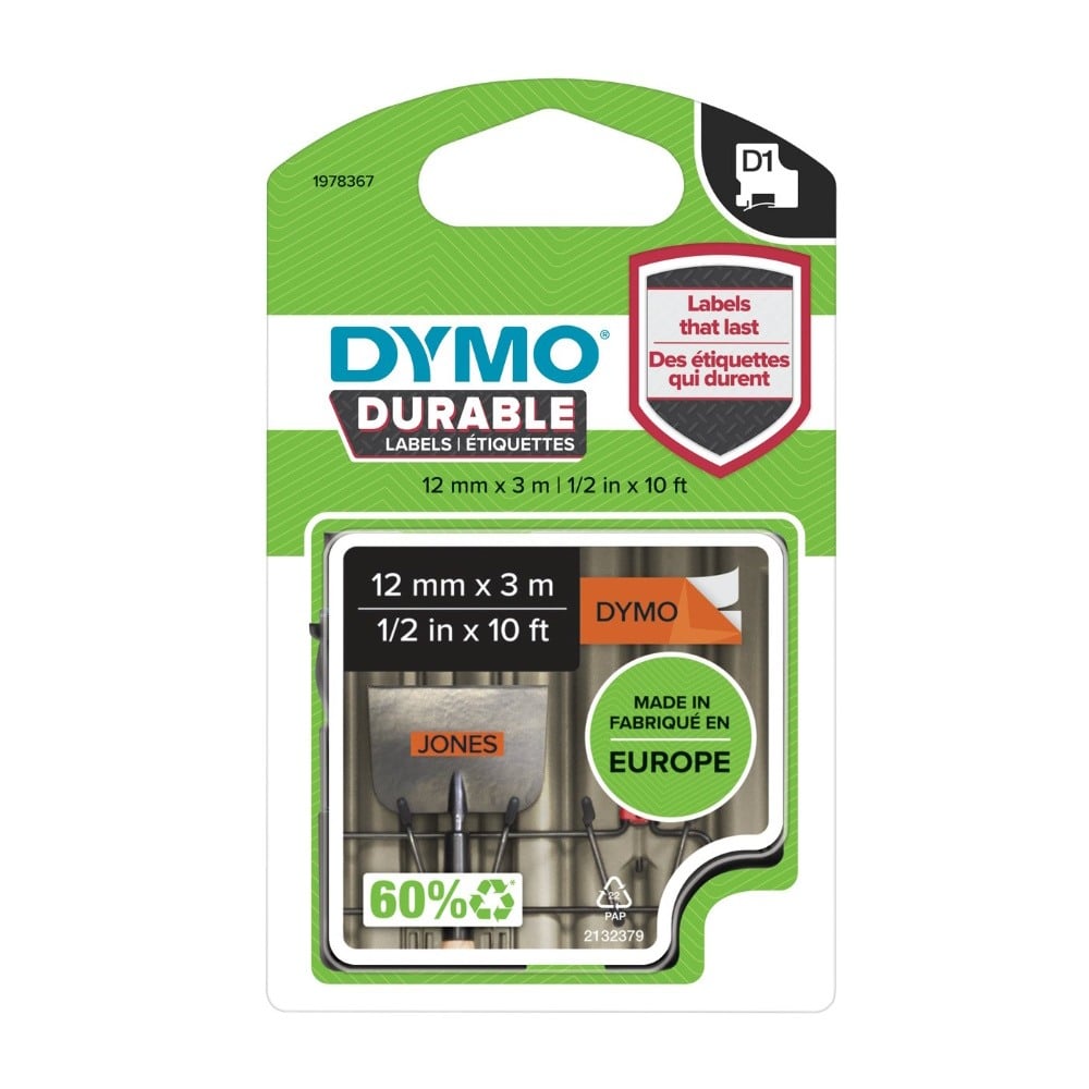 Dymo D1 Durable Label - Black on Orange - 12mm x 3m - 1978367