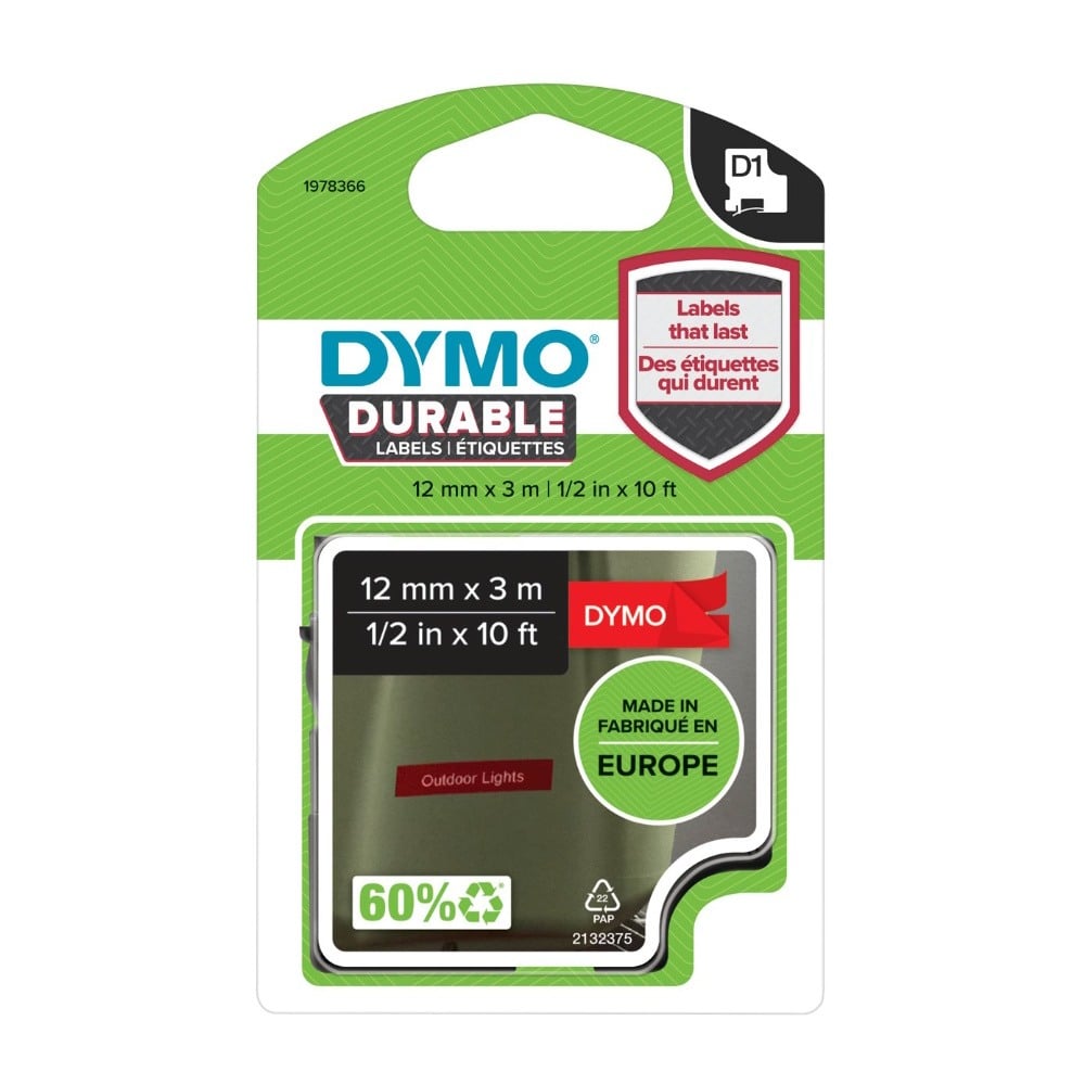 Dymo D1 Durable Label - White on Red - 12mm x 3m - 1978366