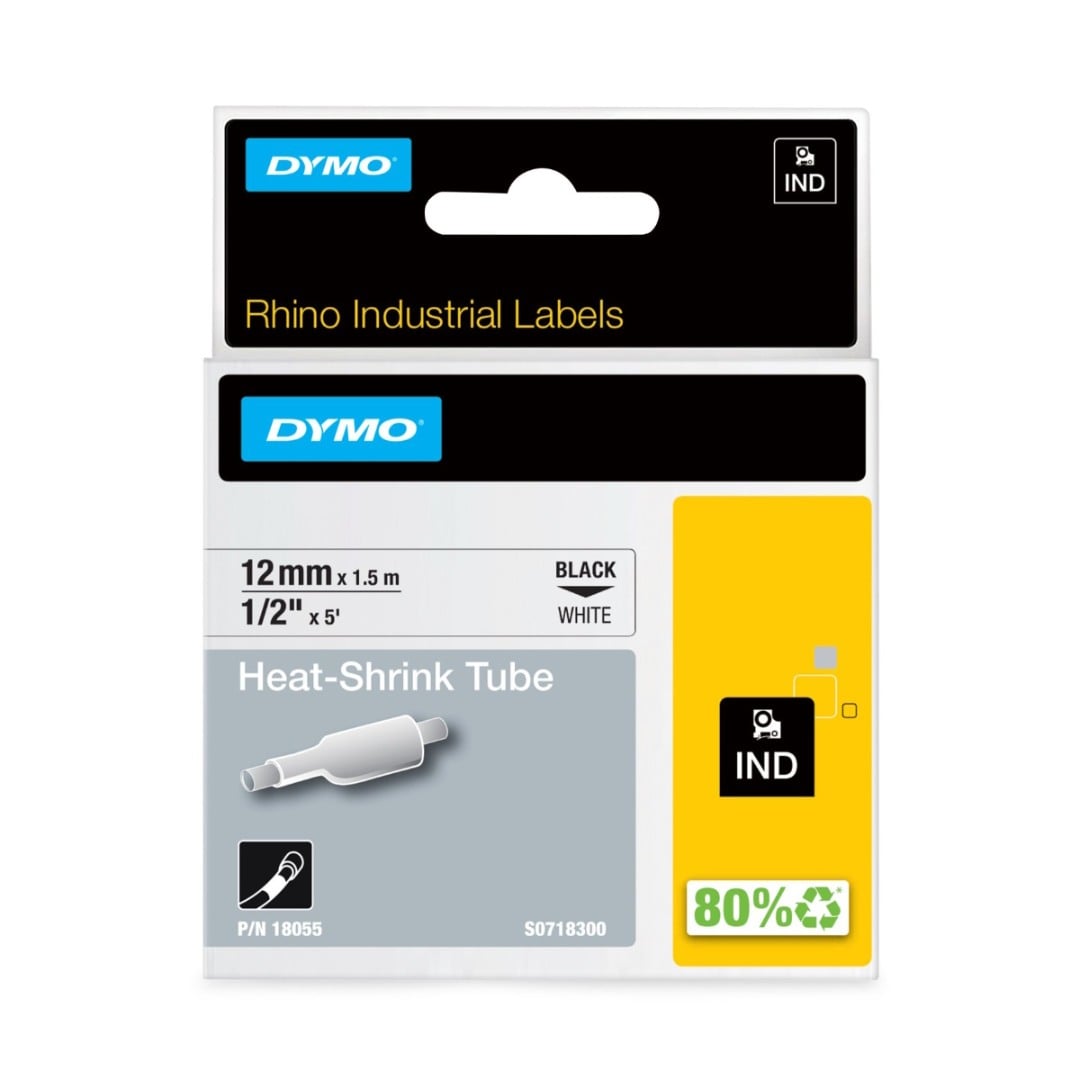 Dymo Rhino Industrial Heat Shrink Tube - Black on White - 12mm x 1.5m - 18055