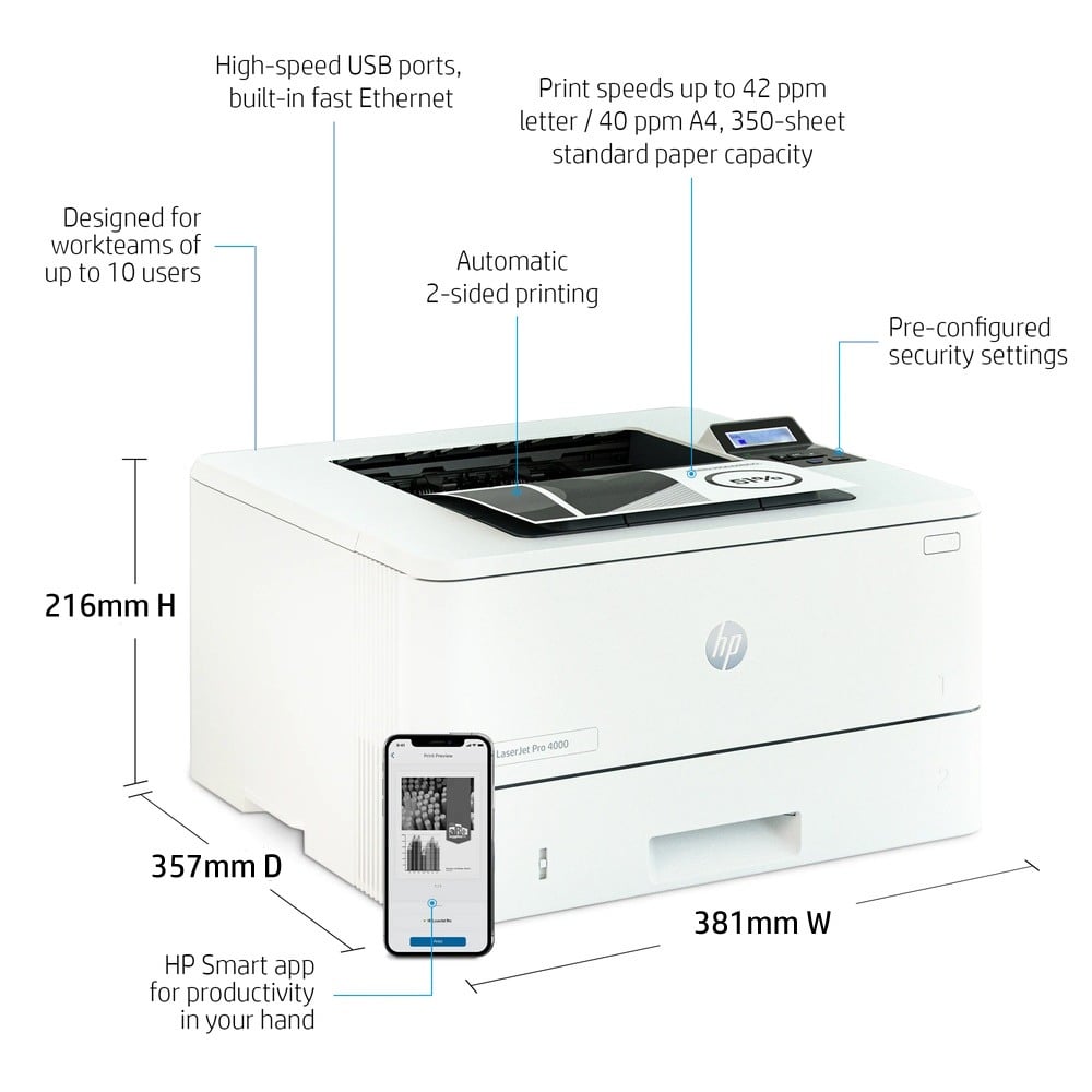HP LaserJet Pro 4001dw Mono Laser Printer 2Z601F