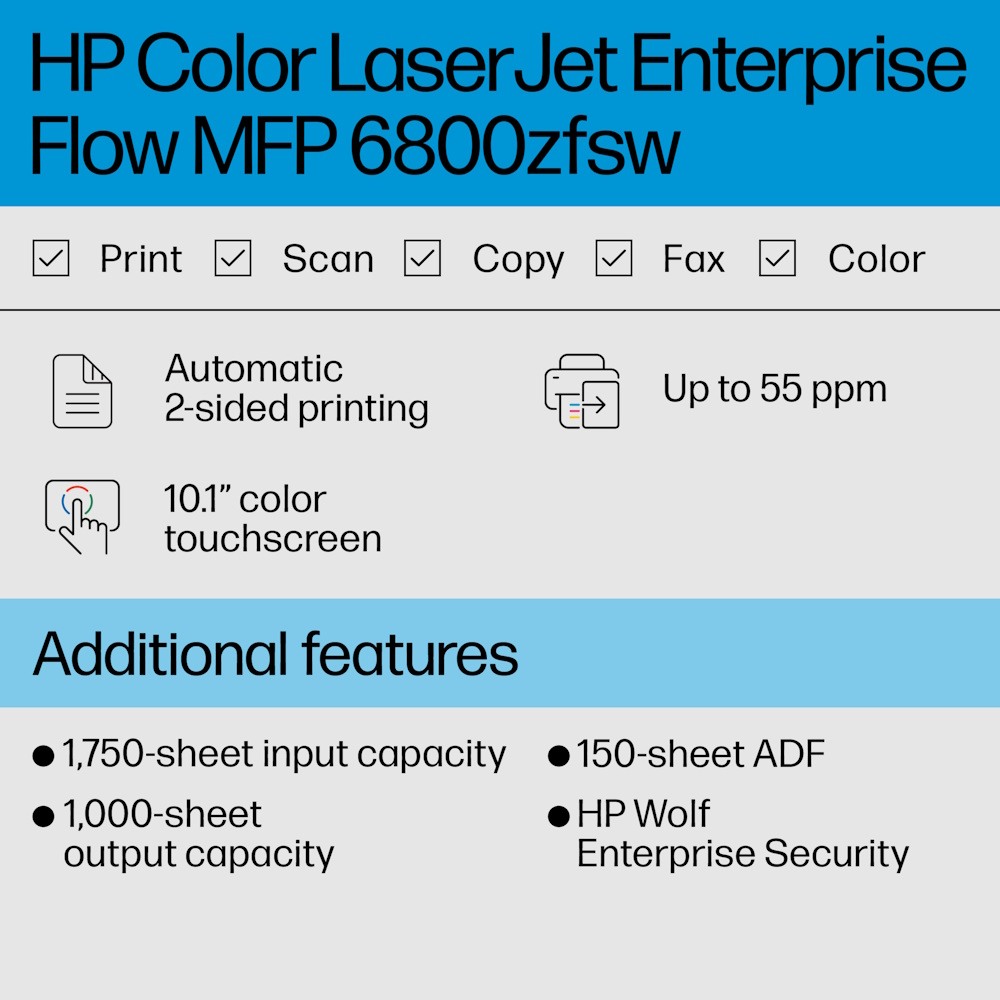 HP Color LaserJet Enterprise Flow MFP 6800zfsw Multifunction Printer 6QN37A