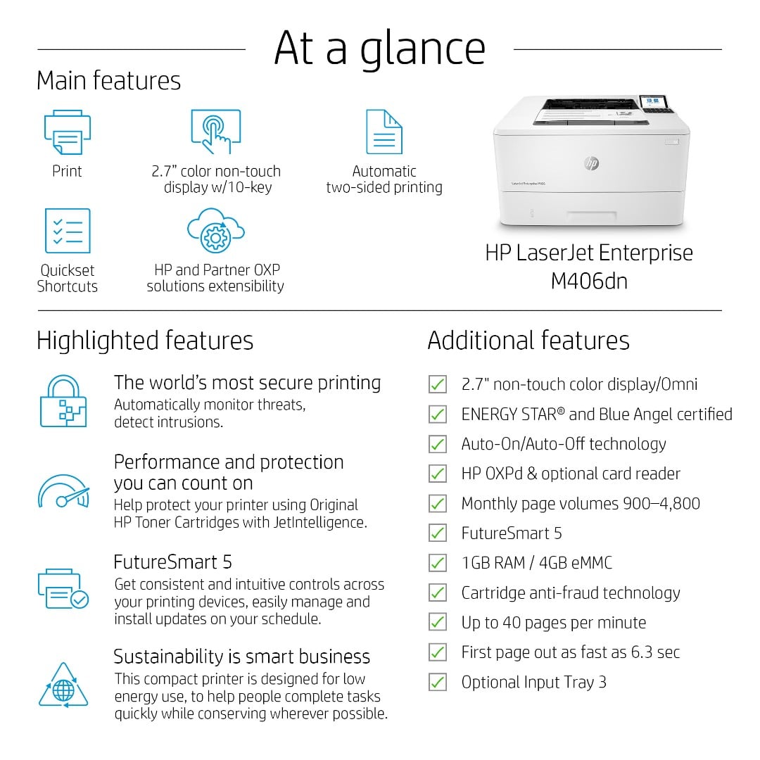 HP LaserJet Enterprise M406dn Mono Laser Printer 3PZ15A
