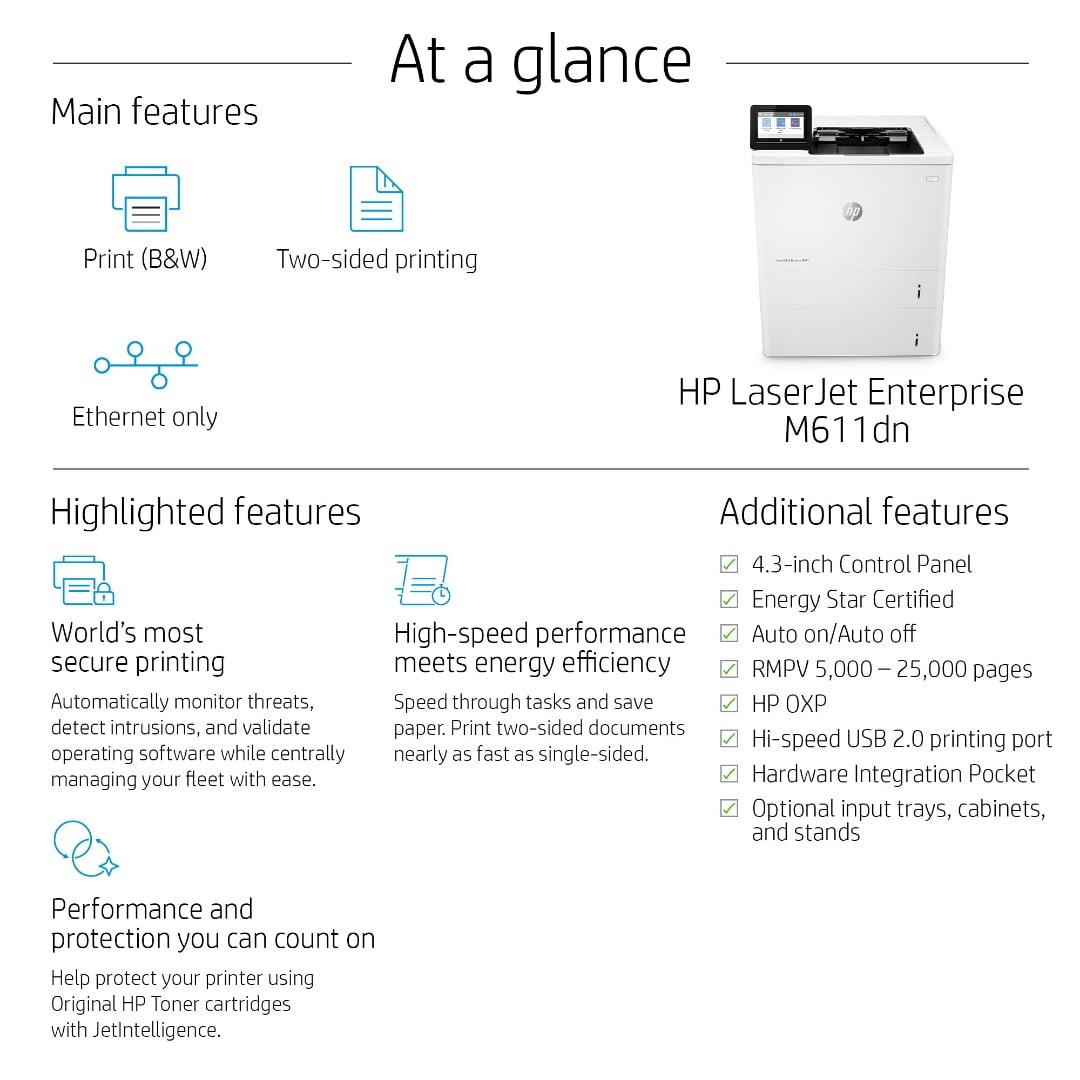 HP LaserJet Enterprise M611dn Mono Laser Printer 7PS84A